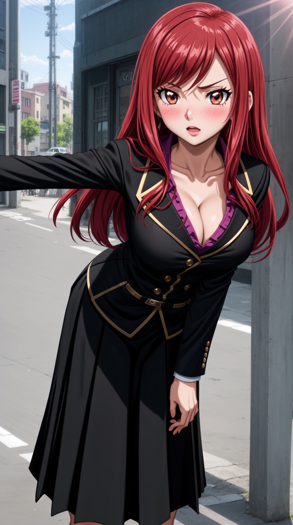 fairy tail, 1girl, ecstasy, blushing , solo, red hair, brown eyes,(( 
full black red blouse dress, blazer, micro dark black skirt, skirt color match with suit color )), medium boobies, p3rfect boobs, cleavage, collarbone's, open chest , leaning_forward , from below, breast focus,down town, daytime, sunlight