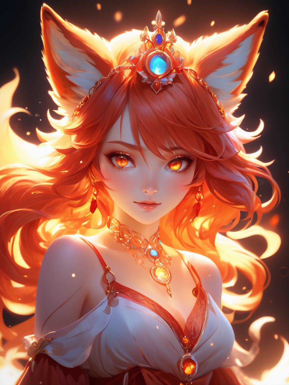 (cute flame foxy, flaming veins, flaming crown), red and orange tones, (masterpiece, best quality, ultra-detailed, best shadow), (detailed background, fantasy), princess cloth, (beautiful detailed face), high contrast, (best illumination, an extremely delicate and beautiful), ((cinematic light)), colorful, hyper detail, dramatic light, intricate details, (1girl, solo, red hair, sharp face, amber eyes, hair between eyes,dynamic angle), blood splatter, swirling black light around the character, depth of field, light particles,(broken glass),magic circle, (full body), Spirit Fox Pendant