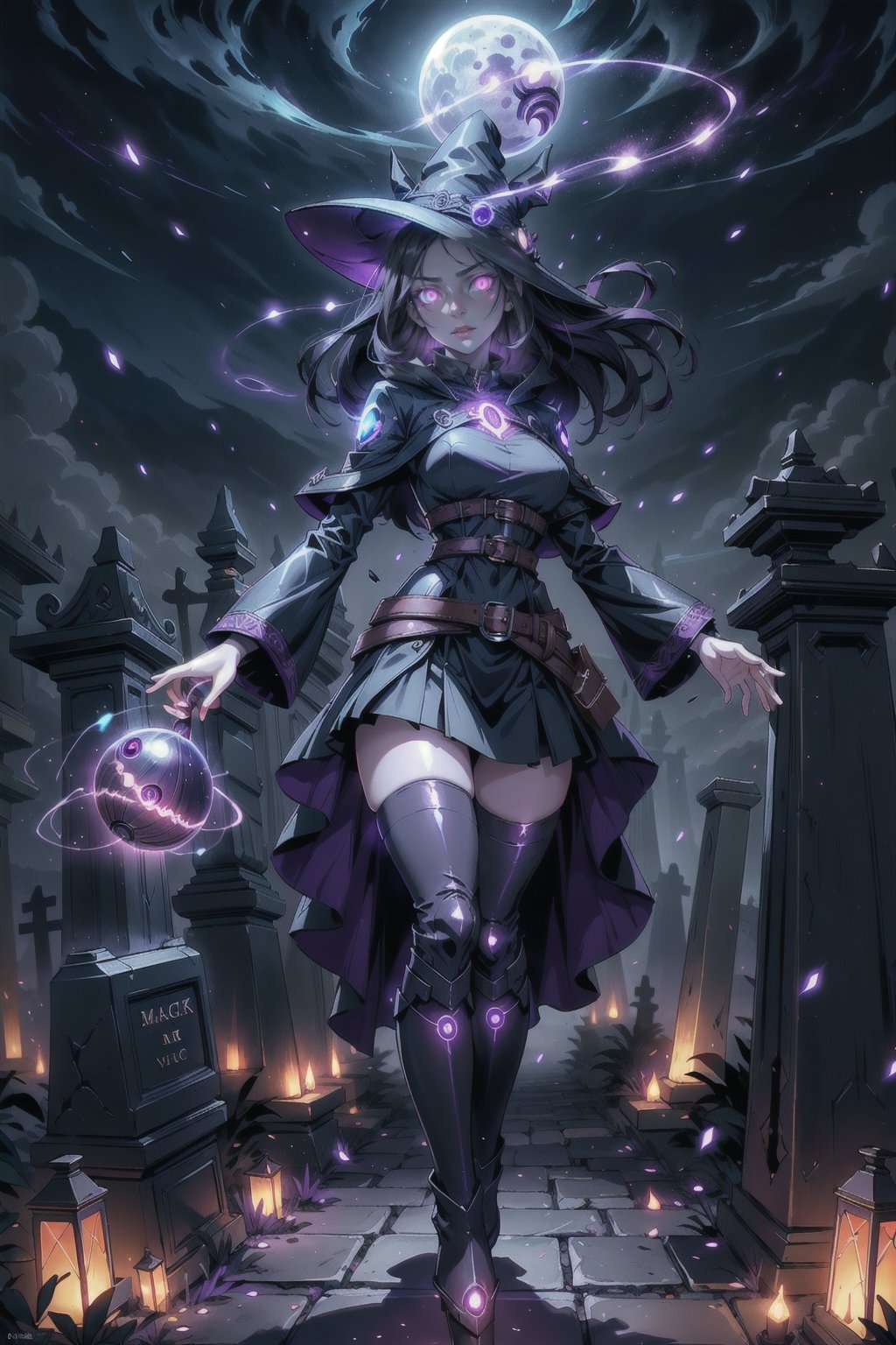 cute girls, necromancer, dark witch, high_res, best quality, extremely detailed, HD, 8k, 1girl, (glowing eyes:1.4), long brunette, black hair, power pose, (dark purple tones:1.3), beautiful figure, thin waist, wide hips, scarlet lips, sparcles, particles, long skirt, glowing trails, liquid dark, dinamic angle, cloack, monk dress, cemetery, complex_background, (belts, floating books, liquid dark energy, shadows), fullmoon, dark magic, stockings, gloomy environment, dark spirits, glossy skin,