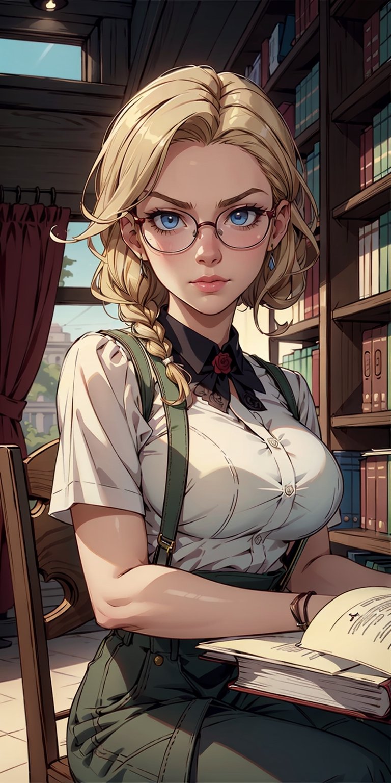 1girl, Masterpiece, Best Quality, extremly detailed, Cinematic lighting, intricate detials, hight resolution, official arts, finely detailed beautiful face and eyes, high-resolution illustration, 8K, dark intense shadows, over exposure, [blonde hair/brown hair], single braid, blue eyes, eyeglasses, smug, sitting on chair, upper-body, large breasts, White shirts, Yellow suspenders, book_Stack, library, ((vine)), rose, looking at the viewer
