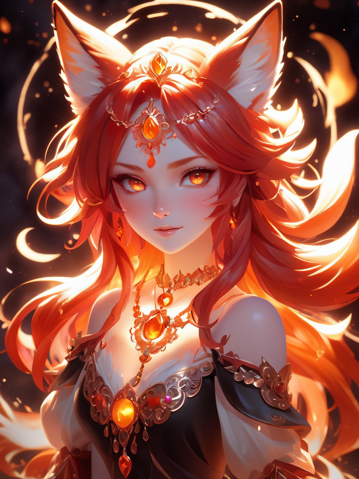 (cute flame foxy, flaming veins, flaming crown), red and orange tones, (masterpiece, best quality, ultra-detailed, best shadow), (detailed background, fantasy), princess cloth, (beautiful detailed face), high contrast, (best illumination, an extremely delicate and beautiful), ((cinematic light)), colorful, hyper detail, dramatic light, intricate details, (1girl, 20 year old, solo, red hair, sharp face, amber eyes, hair between eyes,dynamic angle), blood splatter, swirling black light around the character, depth of field, light particles,(broken glass),magic circle, (full body), Spirit Fox Pendant