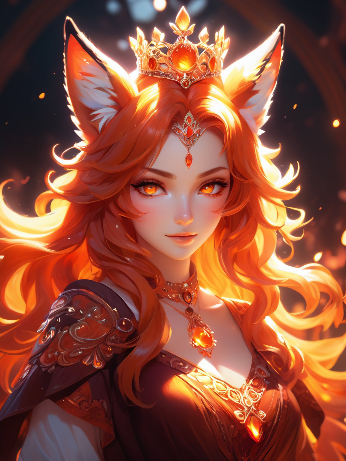 (cute flame foxy, flaming veins, flaming crown), red and orange tones, (masterpiece, best quality, ultra-detailed, best shadow), (detailed background, fantasy), princess cloth, (beautiful detailed face), high contrast, (best illumination, an extremely delicate and beautiful), ((cinematic light)), colorful, hyper detail, dramatic light, intricate details, (1girl, solo, red hair, sharp face, amber eyes, hair between eyes,dynamic angle), blood splatter, swirling black light around the character, depth of field, light particles,(broken glass),magic circle, (full body), Spirit Fox Pendant