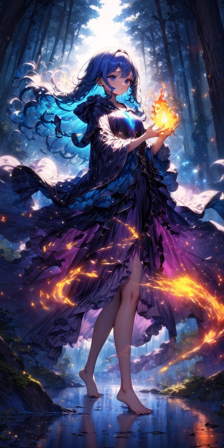 (highest quality, Very detailed, Latest, Vibrant, Ultra-high resolution, High Contrast, masterpiece, highest quality, Best aesthetics),
A sweet sorceress girl, in a wizard’s robe, with magic elixirs on her belt, in a dense forest, long blue hair, with her arms outstretched and holding a magical fire, next to a book of spells, dynamic angle, magic particles, dust particles, glow, reflection, glitter, glare, distortion, decomposition, decay, fluorescent, flare, (floating up drops),barefoot,skp style