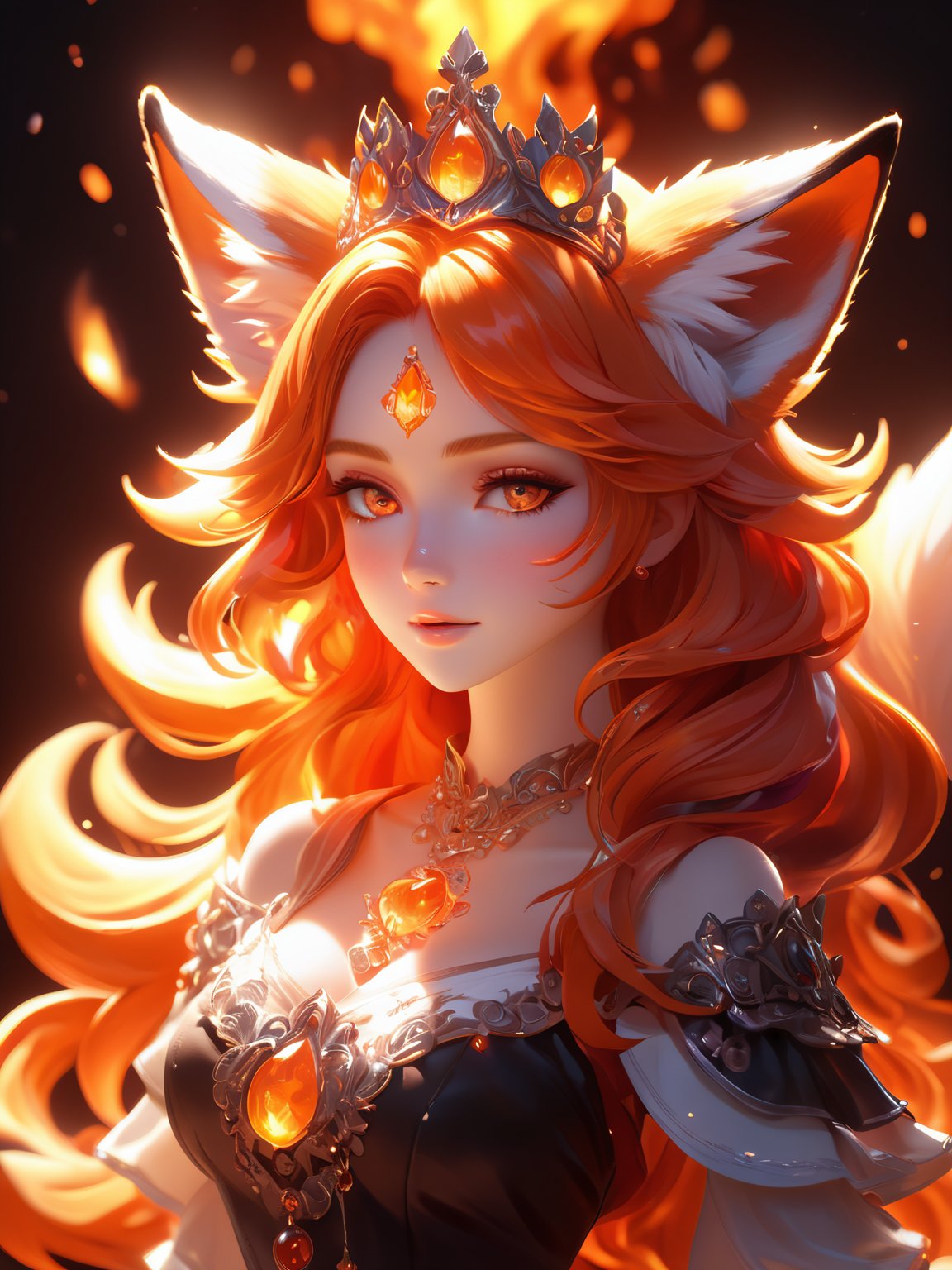 (cute flame foxy, flaming veins, flaming crown), red and orange tones, (masterpiece, best quality, ultra-detailed, best shadow), (detailed background, fantasy), princess cloth, (beautiful detailed face), high contrast, (best illumination, an extremely delicate and beautiful), ((cinematic light)), colorful, hyper detail, dramatic light, intricate details, (1girl, solo, red hair, sharp face, amber eyes, hair between eyes,dynamic angle), blood splatter, swirling black light around the character, depth of field, light particles,(broken glass),magic circle, (full body), Spirit Fox Pendant