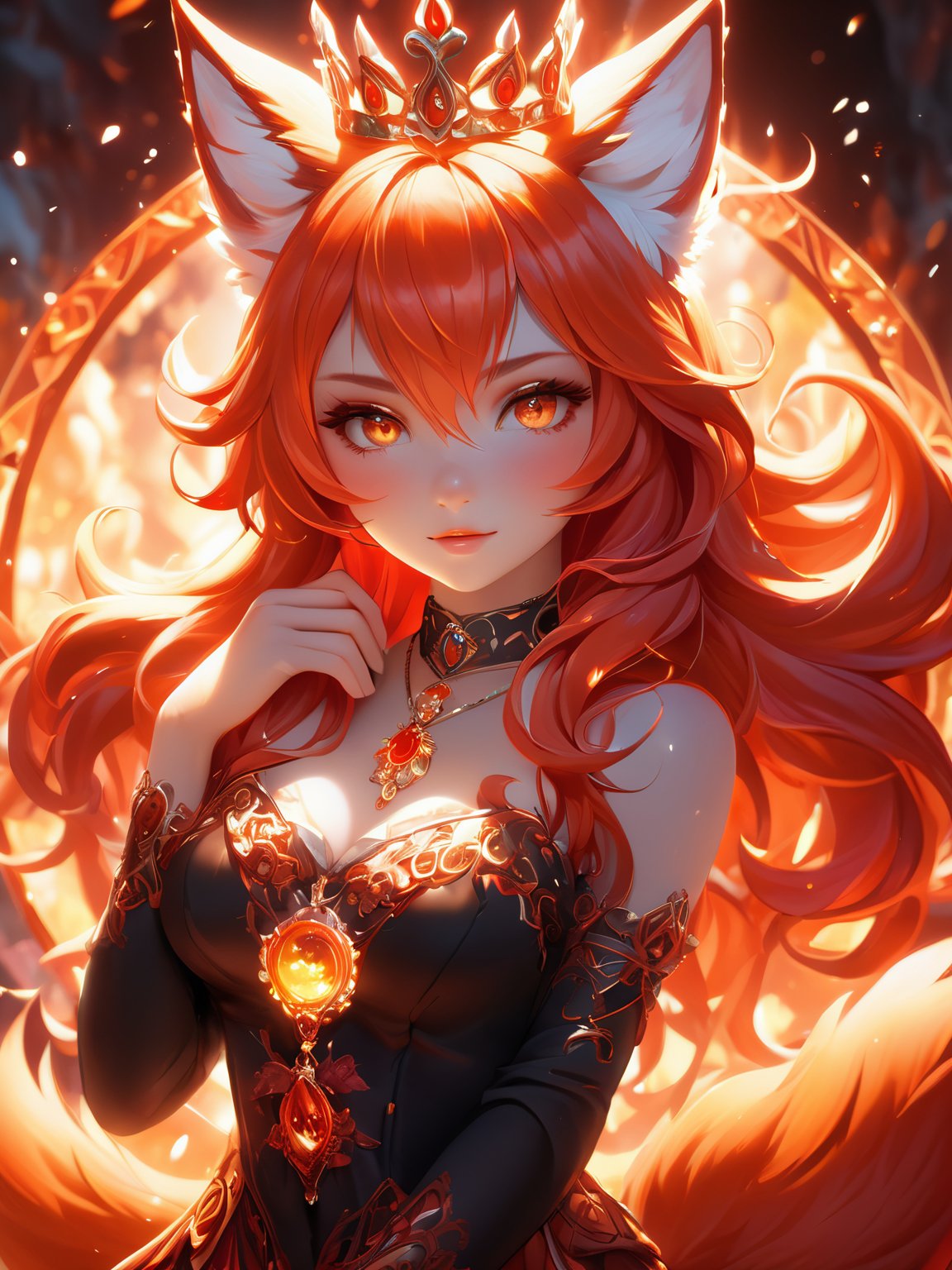 (cute flame foxy, flaming veins, flaming crown), red and orange tones, (masterpiece, best quality, ultra-detailed, best shadow), (detailed background, fantasy), princess cloth, (beautiful detailed face), high contrast, (best illumination, an extremely delicate and beautiful), ((cinematic light)), colorful, hyper detail, dramatic light, intricate details, (1girl, 20 year old, solo, red hair, sharp face, amber eyes, hair between eyes,dynamic angle), blood splatter, swirling black light around the character, depth of field, light particles,(broken glass),magic circle, (full body), Spirit Fox Pendant