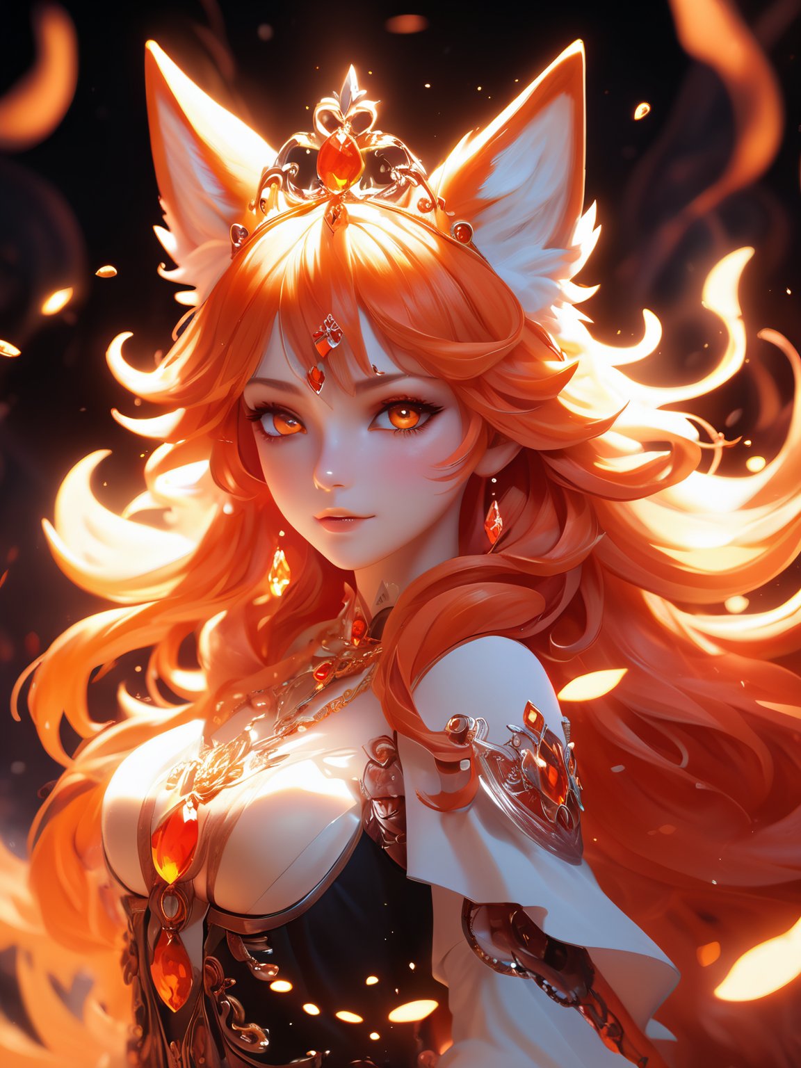 (cute flame foxy, flaming veins, flaming crown), red and orange tones, (masterpiece, best quality, ultra-detailed, best shadow), (detailed background, fantasy), princess cloth, (beautiful detailed face), high contrast, (best illumination, an extremely delicate and beautiful), ((cinematic light)), colorful, hyper detail, dramatic light, intricate details, (1girl, solo, red hair, sharp face, amber eyes, hair between eyes,dynamic angle), blood splatter, swirling black light around the character, depth of field, light particles,(broken glass),magic circle, (full body), Spirit Fox Pendant