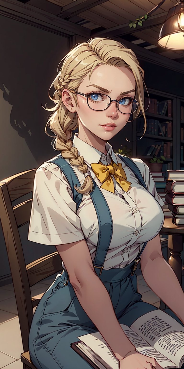 1girl, Masterpiece, Best Quality, extremly detailed, Cinematic lighting, intricate detials, hight resolution, official arts, finely detailed beautiful face and eyes, high-resolution illustration, 8K, dark intense shadows, over exposure, [blonde hair/brown hair], single braid, blue eyes, eyeglasses, smug, sitting on chair, upper-body, large breasts, White shirts, Yellow suspenders, book_Stack, library, ((vine)), rose, looking at the viewer