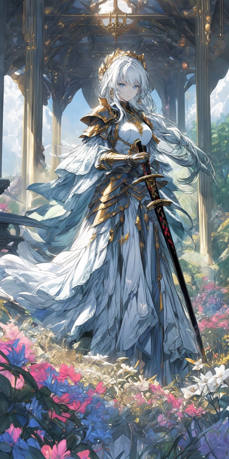 royal knight, 1girl, weapon, solo, gauntlets, floating magic orbs, holding, long hair, holding sword, armor, helmet, looking at viewer, blonde hair, skirt, closed mouth, puffy sleeves, blue eyes, breasts, braid, standing, dress, royal garden, outdoors, masterpiece, best quality, aesthetic, (clear background:1.2), game art, concept art,more detail XL, outline