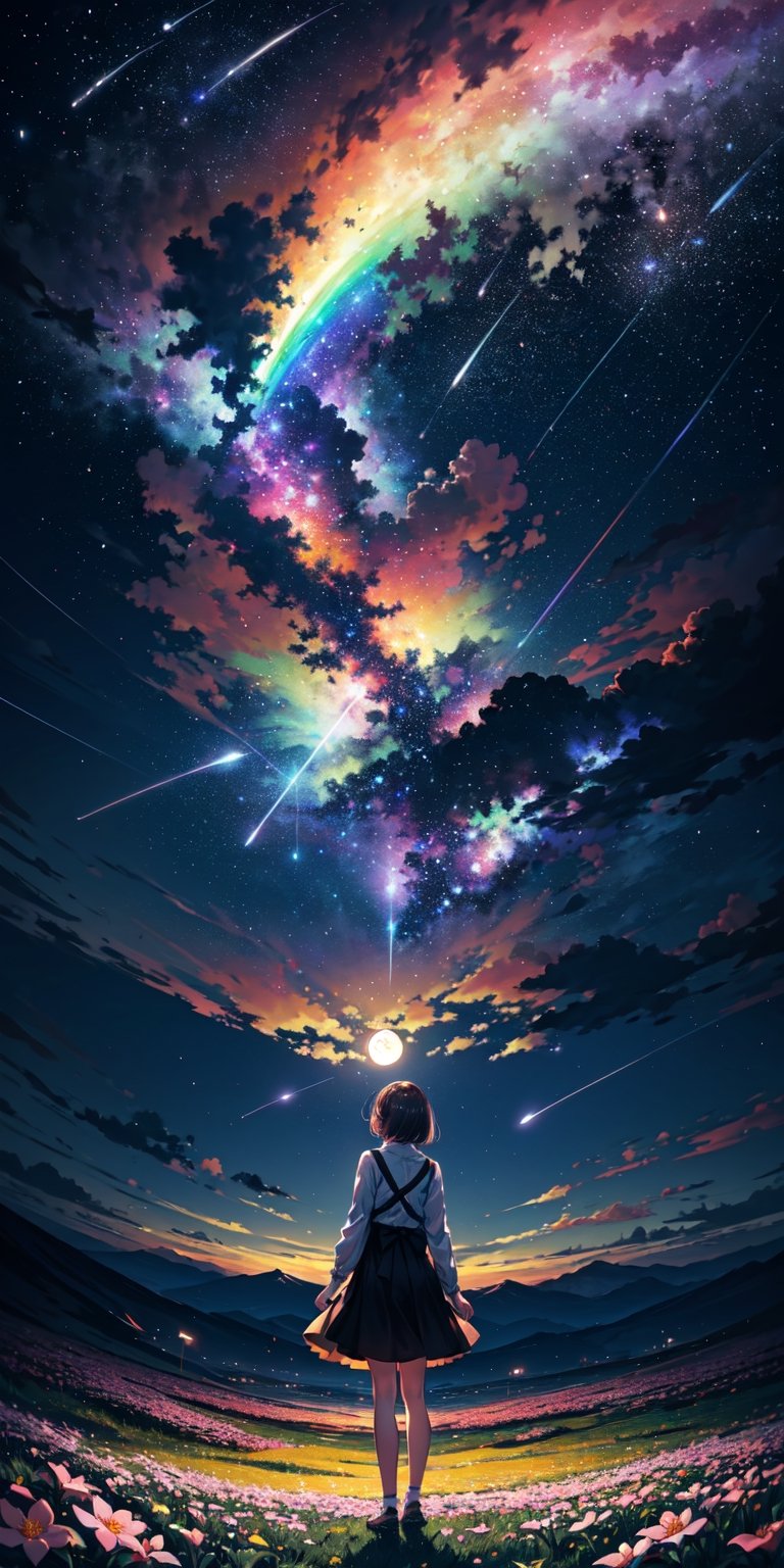 (bottom view), girl standing in a flower field looking up (full moon), (shooting stars), (nebula), sakura, (warm light source:), (Firefly), intricate details, volumetric lighting, (masterpiece), (best quality), 4k, ultra-detailed, (dynamic composition), highly detailed, colorful details, (rainbow colors), (glowing lighting, atmospheric lighting), dreamy, magical,