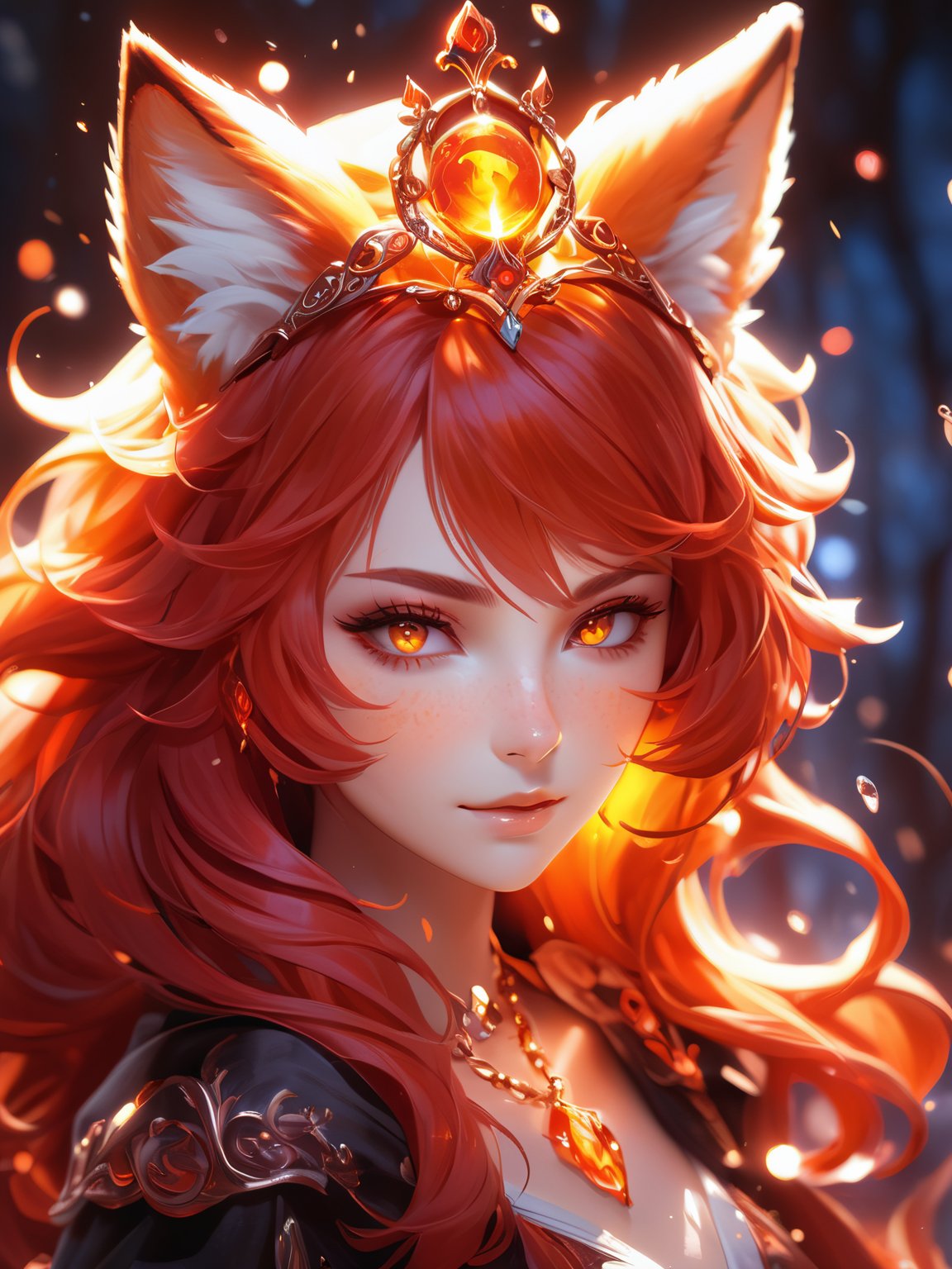 (cute flame foxy, flaming veins, flaming crown), red and orange tones, (masterpiece, best quality, ultra-detailed, best shadow), (detailed background, fantasy), princess cloth, (beautiful detailed face), high contrast, (best illumination, an extremely delicate and beautiful), ((cinematic light)), colorful, hyper detail, dramatic light, intricate details, (1girl, 20 year old, solo, red hair, sharp face, amber eyes, hair between eyes,dynamic angle), blood splatter, swirling black light around the character, depth of field, light particles,(broken glass),magic circle, (full body), Spirit Fox Pendant