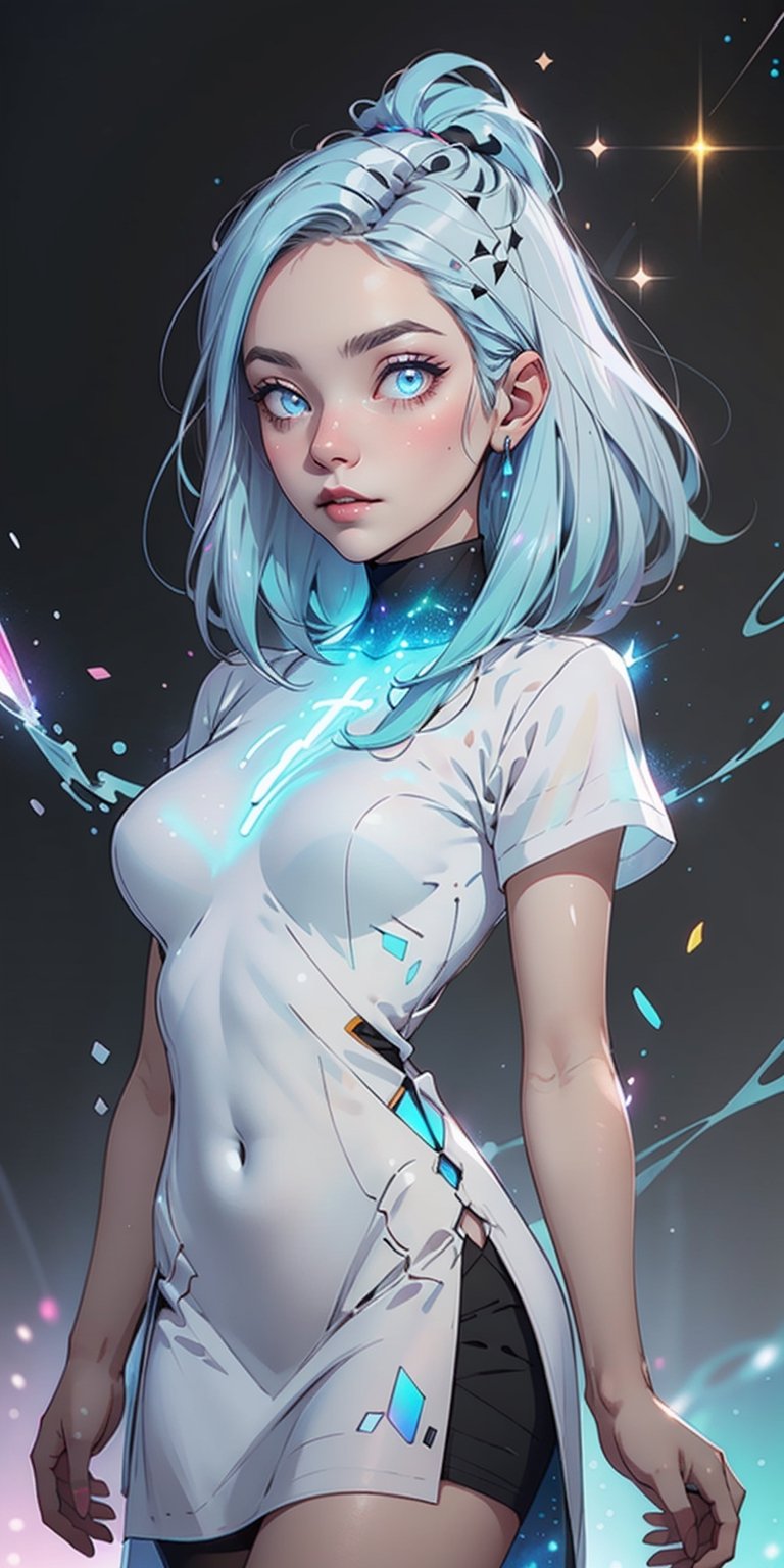 ((Masterpiece)), (Best Quality), (Detailed), (1girl), (Internal Data Flow) light blue gradient hair, light blue glowing eyes, straight hair, She is dressed in a modern white shirt and a black dress, Covered by data particles, Locked around the neck,High detailed 