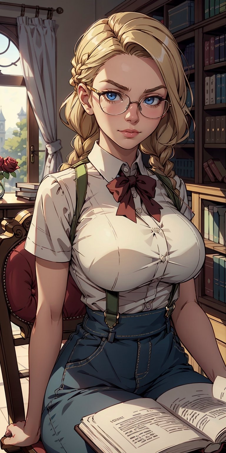 1girl, Masterpiece, Best Quality, extremly detailed, Cinematic lighting, intricate detials, hight resolution, official arts, finely detailed beautiful face and eyes, high-resolution illustration, 8K, dark intense shadows, over exposure, [blonde hair/brown hair], single braid, blue eyes, eyeglasses, smug, sitting on chair, upper-body, large breasts, White shirts, Yellow suspenders, book_Stack, library, ((vine)), rose, looking at the viewer