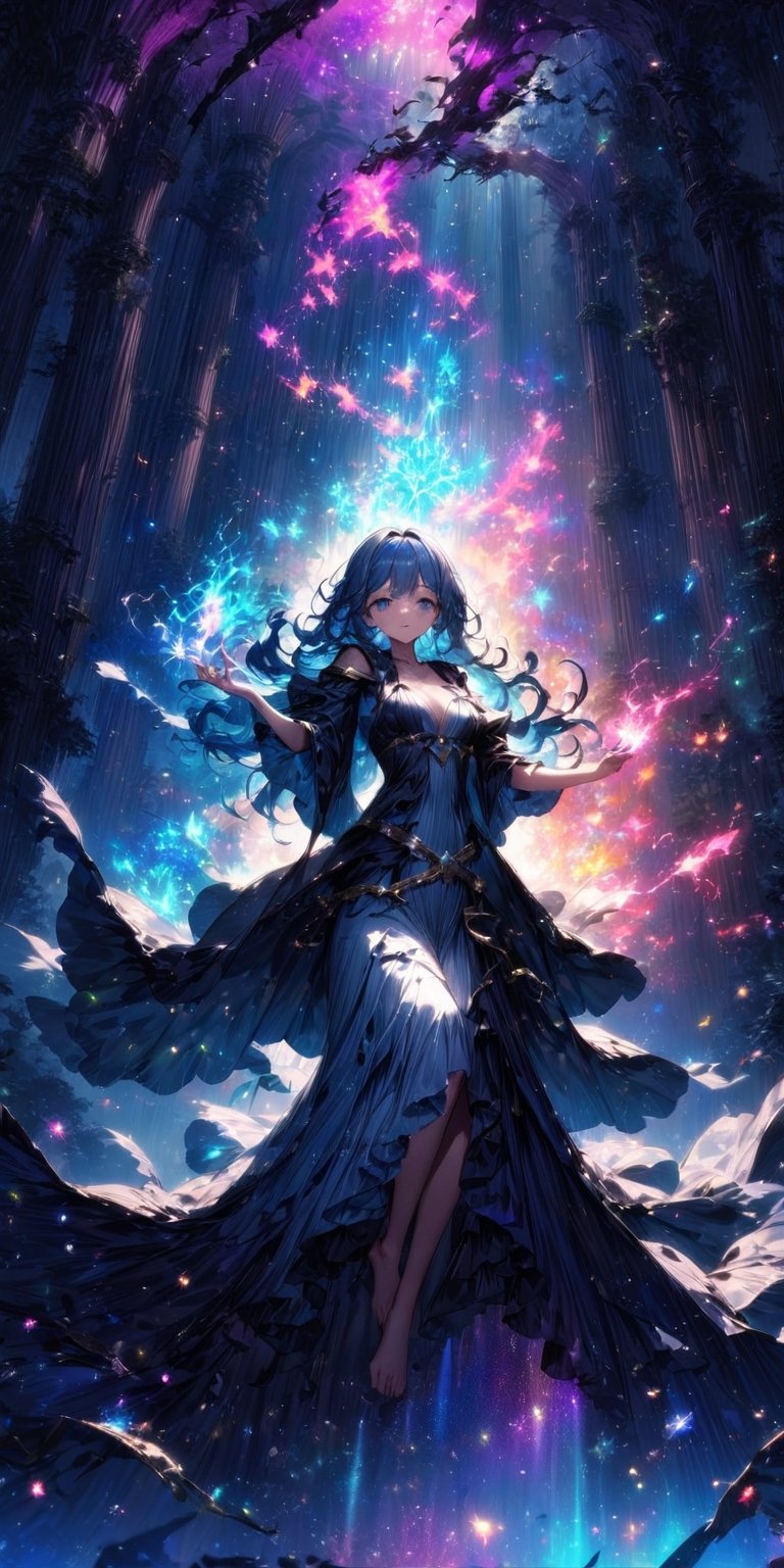 (highest quality, Very detailed, Latest, Vibrant, Ultra-high resolution, High Contrast, masterpiece, highest quality, Best aesthetics),
A sweet sorceress girl, in a wizard’s robe, with magic elixirs on her belt, in a dense forest, long blue hair, with her arms outstretched and holding a magical fire, next to a book of spells, dynamic angle, magic particles, dust particles, glow, reflection, glitter, glare, distortion, decomposition, decay, fluorescent, flare, (floating up drops),barefoot,skp style