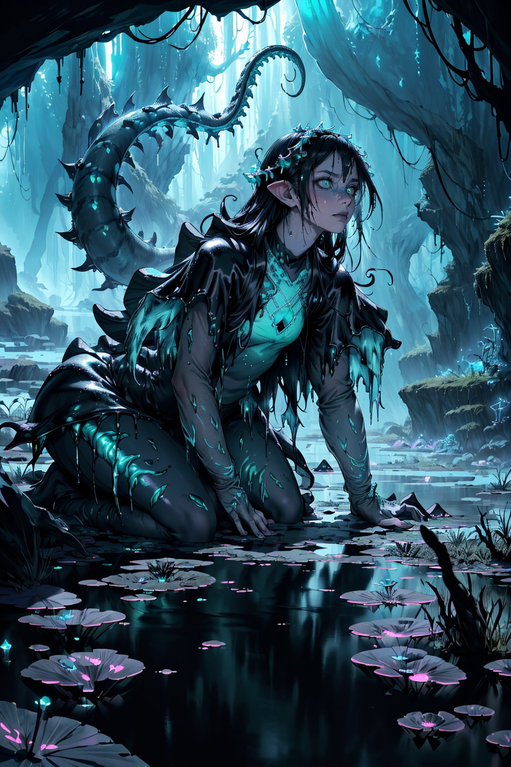 (monster), tentacles, luminescence, crystals, dark cave, dampness, slush, swamp gurgles, glowing, moss, bubbles, seaweed, toxic, (detailed, perfect, beautiful, exotic, special, unique, charming, hypnotic, reathtaking,masterpiece, high quality, high resolution, extremely detailed, sharpness, intricate, high quality_textures, high resolution_textures, absurdres, sharp details, award_winning,bokeh, moody lighting, detailed shadows, light diffusion, white_balance, Realism, RAW_Image, realistic, photorealistic environment), fantasy atmosphere, magical environment, bio_fluid,