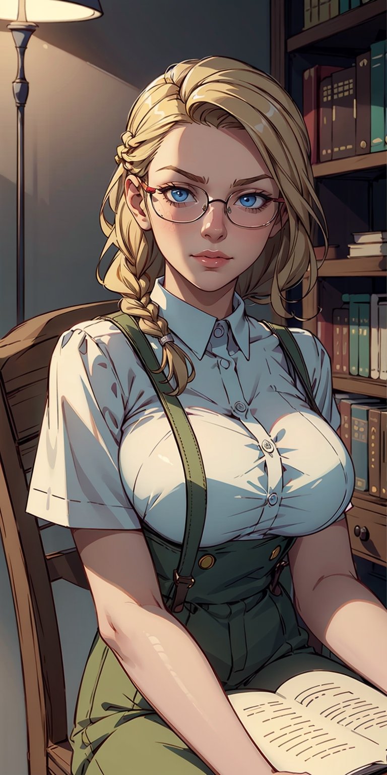 1girl, Masterpiece, Best Quality, extremly detailed, Cinematic lighting, intricate detials, hight resolution, official arts, finely detailed beautiful face and eyes, high-resolution illustration, 8K, dark intense shadows, over exposure, [blonde hair/brown hair], single braid, blue eyes, eyeglasses, smug, sitting on chair, upper-body, large breasts, White shirts, Yellow suspenders, book_Stack, library, ((vine)), rose, looking at the viewer