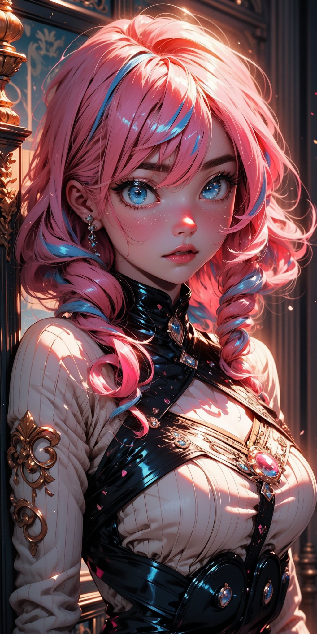 (Antique style, girly, pink hair, Blue eyes, big eyes)