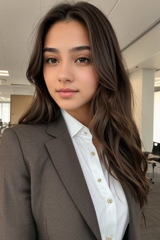 18 year old waif-like model, brown eyes, full lips, thin face, long brown hair pulled up wearing business attire at a corporate office