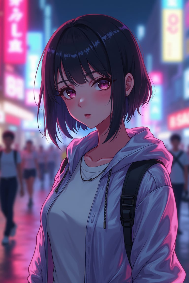 A anime cyberpunk woman, wearing a transparent jacket and white t-shirt on a neon street.