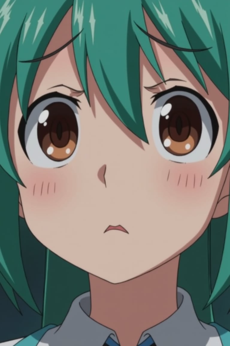 A close-up shot of Hatsune Miku's face, her large brown eyes widely staring out with a mix of concern and unease. Her eyebrows are furrowed, and her lips are slightly parted as if she's about to speak. The lighting is soft and even, with a slight emphasis on the curves of her facial features. The background is blurred, focusing attention solely on Miku's worried expression.