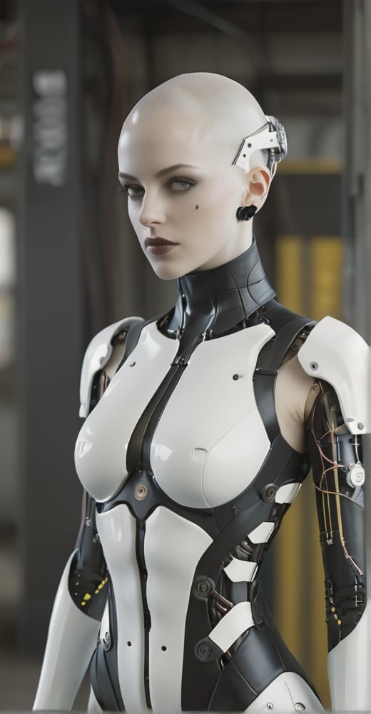 full body portrait, A highly detailed cyberpunk female cyborg full body with a completely bald head, dinamic pose, realistic human features, and intricate mechanical components and wires integrated seamlessly into the head. The cyborg has a mechanical mask covering the mouth and jaw area, and a serious expression. The setting is a dystopian, industrial environment with a soft background blur.