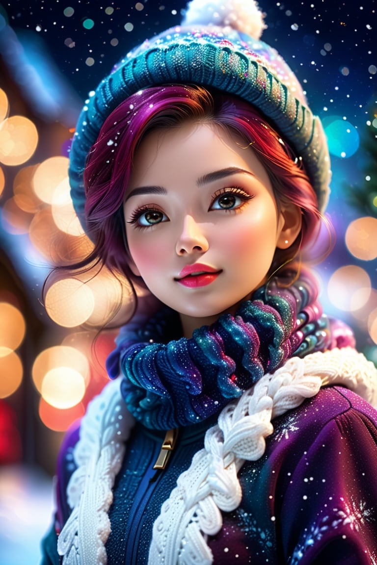 close up angle of (( winter clothes lady )), (snow) , detailed focus, deep bokeh, beautiful, dreamy colors, dark cosmic background. Visually delightful ,3D,more detail XL( Christmas theme)