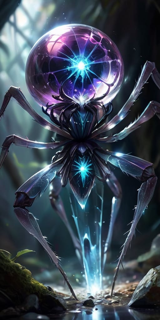 A colossal, crystalline entity resembling a twisted spider pulsates with an inner light. Its legs, formed from razor-sharp crystals, pierce the ground, and its multifaceted eyes gleam with an intelligence both alien and unsettling.
