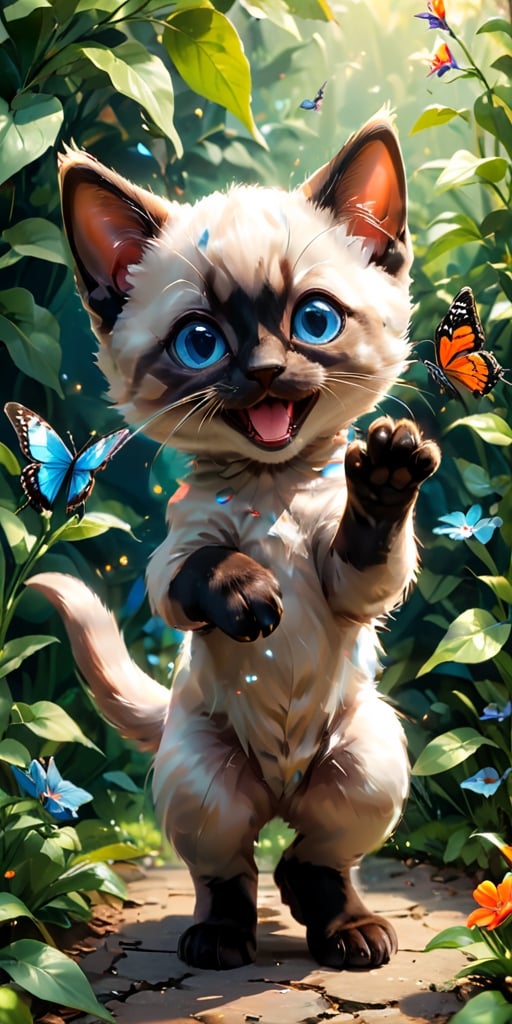  mischievous Siamese kitten, its bright blue eyes sparkling with amusement, stalks a butterfly with playful intent. The butterfly, a burst of orange and black against the green leaves, flits from flower to flower, just out of reach of the kitten's pouncing paws. The scene is filled with the energy of the chase, a delightful dance between predator and prey.
 
