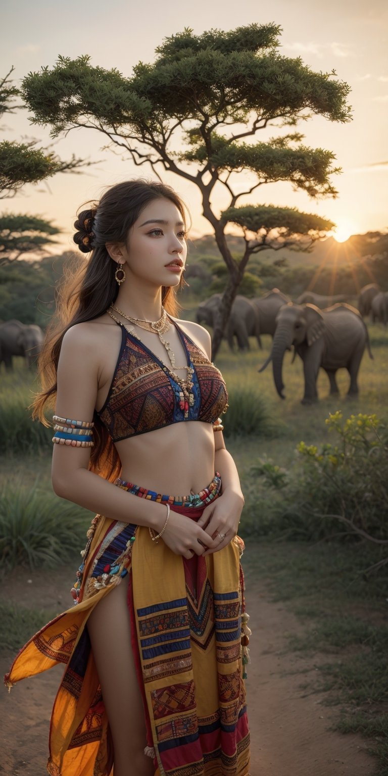 Sunrise on the Savanna: A Maasai woman, adorned with intricate beadwork, stands silhouetted against a vibrant sunrise over the African savanna. Elephants graze peacefully in the distance, and the air is alive with the sounds of awakening wildlife.