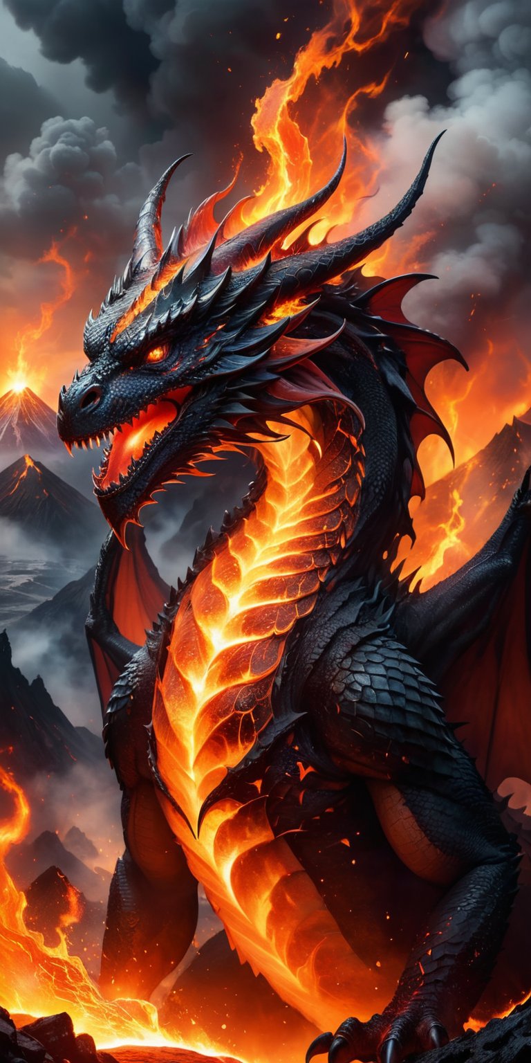 A fiery dragon with lava-red scales emerging from a volcano's mouth. The intense heat and molten rock accentuate its fierce beauty, while the smoke and ash create an aura of impending doom.
