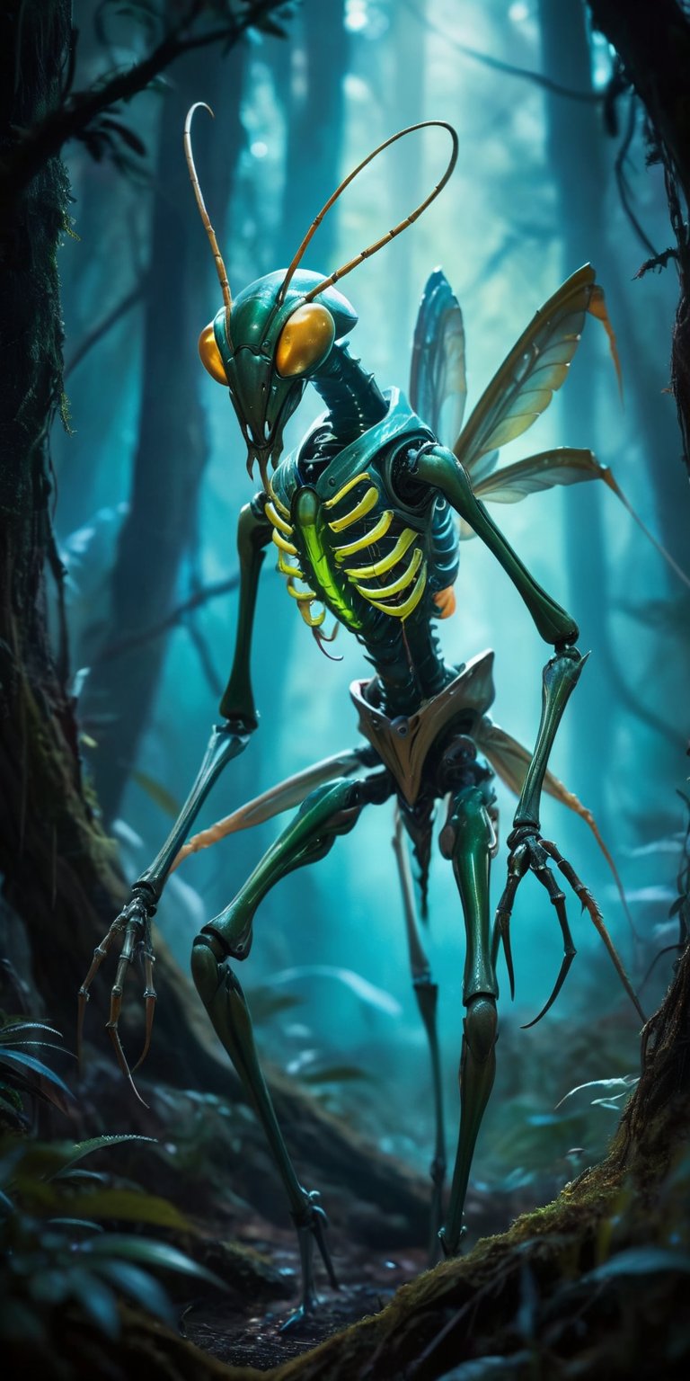 Lurking Fiend A spindly, insectoid creature with elongated limbs ending in sharp, blade-like claws. Its head resembles that of a praying mantis, but with multiple rows of needle-like teeth. Its exoskeleton is iridescent, shifting colors in the dim light. The scene is set in a dark, alien forest filled with glowing, bioluminescent plants.
