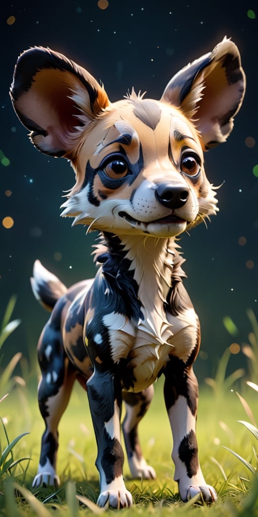 close up angle of, cut bod y, ((),(3d African Wild Dog)) surrounded by grassland,( )  ,animal, detailed focus, deep bokeh, beautiful, , dark cosmic background. Visually delightful , 3D,more detail XL,chibi