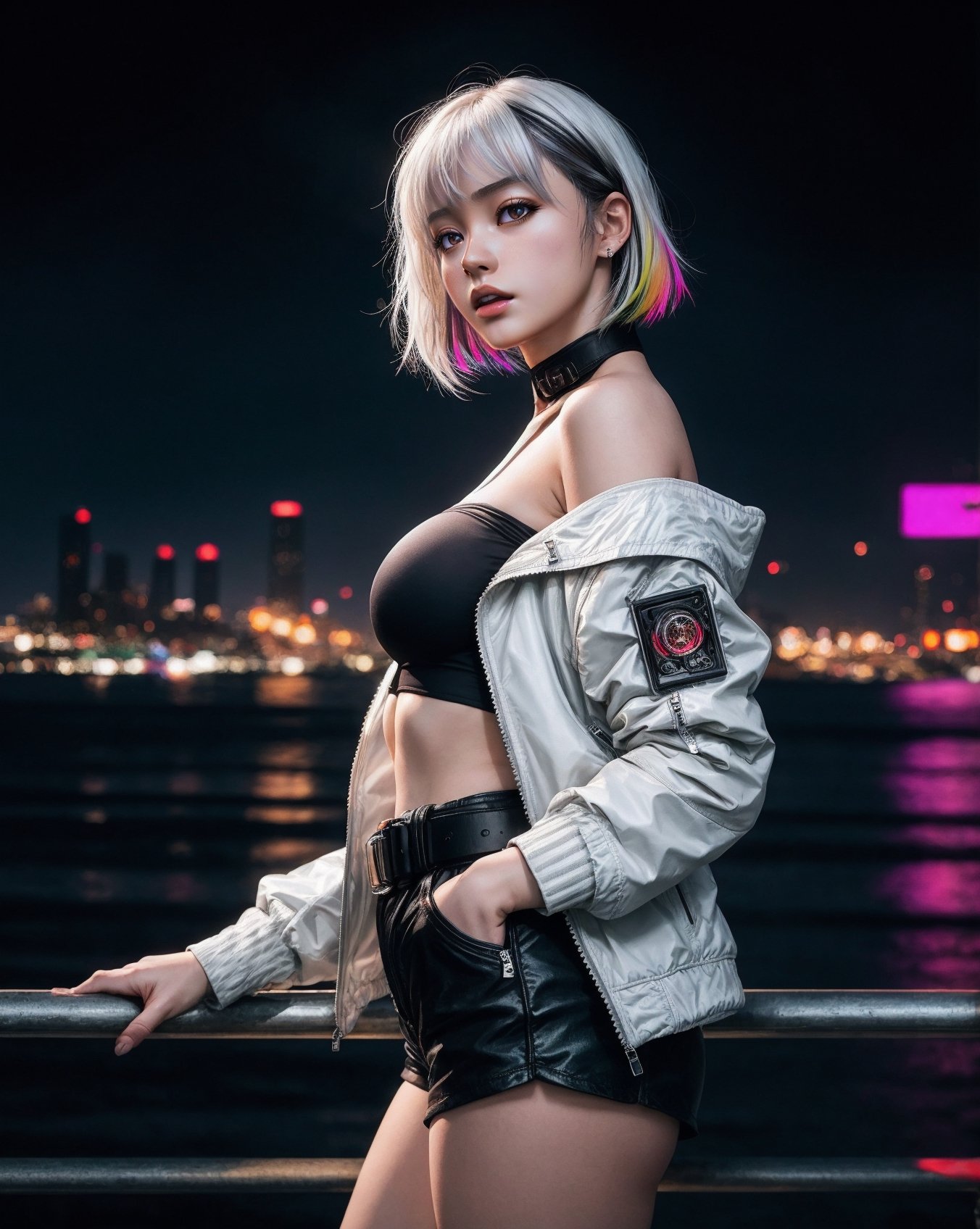 masterpiece, (photorealistic:1.4), best quality, beautiful lighting, (ulzzang-6500:0.5), lucy \(cyberpunk\), 1girl, white hair, against railing, arm rest, bangs, bare shoulders, belt, black belt, black leotard, black pants, blurry, bob cut, breasts, building, cityscape, clothing cutout, (cropped jacket), cyberpunk, depth of field, from side, gradient eyes, grey eyes, grey hair, white jacket, leotard, lips, long sleeves, looking afar, looking ahead, (mechanical parts), medium breasts, multicolored eyes, multicolored hair, night, night sky, off shoulder, open clothes, open jacket, outdoors, pants, parted lips, railing, red eyeliner, science fiction, short hair with long locks, short shorts, shorts, sidelocks, sky, solo, standing, teeth, thigh cutout, upper teeth only, white jacket, white shorts, cyberpunk \(series\), cyberpunk edgerunners, RAW photo, 8k uhd, film grain, cosplay, white wig, night, neon lights,,,, 