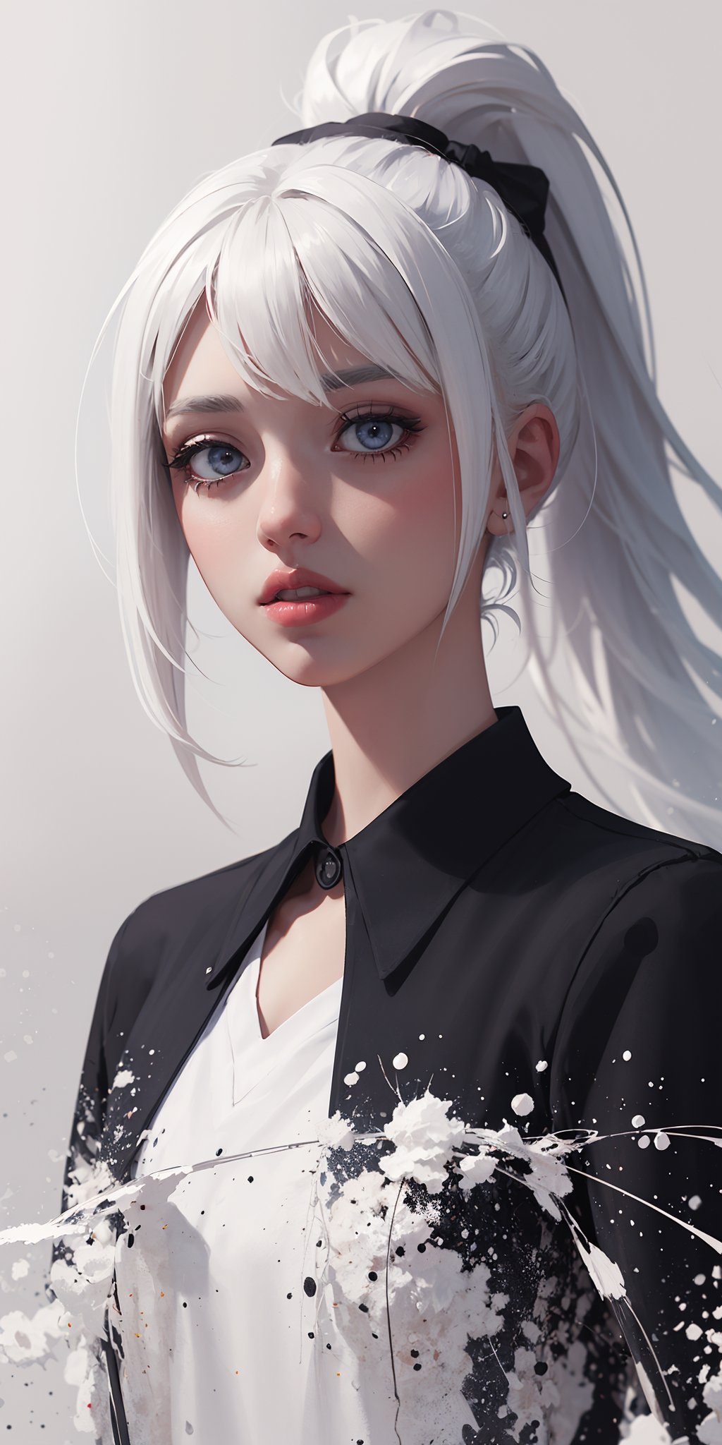 masterpiece,best quality,hires,ultra detail,Ink splatter art,girl white hair and ponytail,photogram,white wash,high key lighting,high contrast,