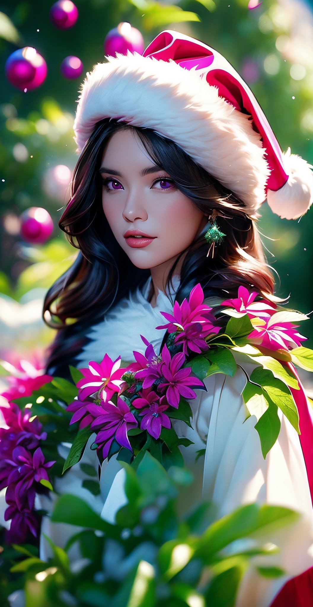 ultra hires, ultra detailed, masterpiece, best quality, woman, flower dress, colorful, darl background, flower armor, green theme, exposure blend, medium shot, bokeh, (hdr:1.4), high contrast, (cinematic, Magenta:1.5), low saturation,Animal ear,(Christmas theme),Santa Claus