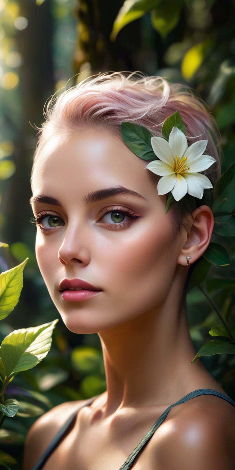 A close-up portrait of a woman with a half-shaved head and a blooming flower tucked behind her ear. Her eyes are filled with peace and serenity. The background is a lush green forest with sunlight dappling through the leaves.
