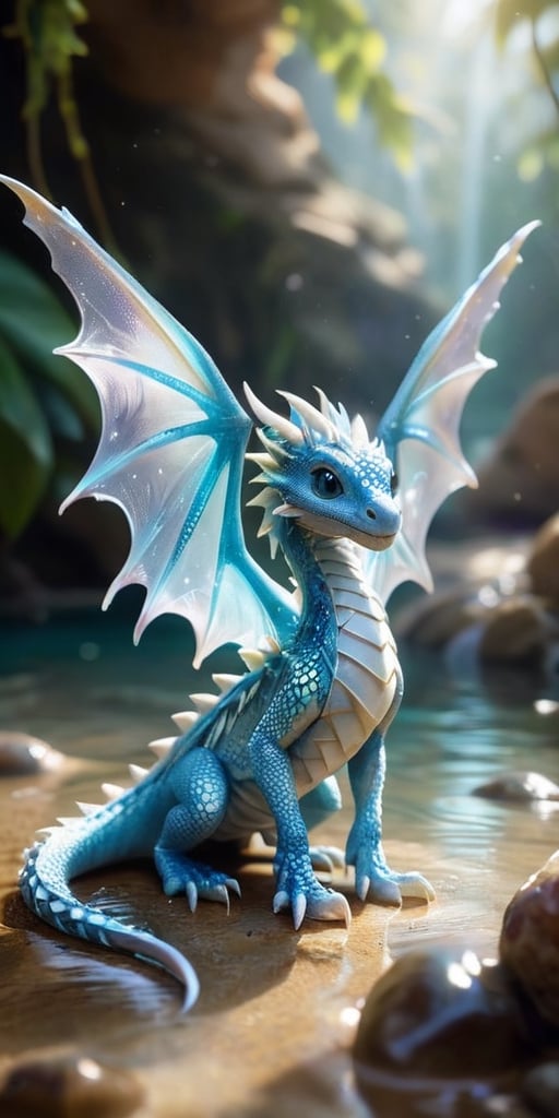 Within a tranquil oasis in the heart of a desert, a baby dragon with shimmering white scales basks in the cool, refreshing waters. Its wings, adorned with delicate patterns that shimmer like desert mirages, create a mesmerizing display of light and shadow as they gently fan the air. The dragon's presence seems to bring life to the barren landscape, as tiny sprouts emerge from the parched earth, symbolizing its connection to the rejuvenating power of water and the resilience of nature.
