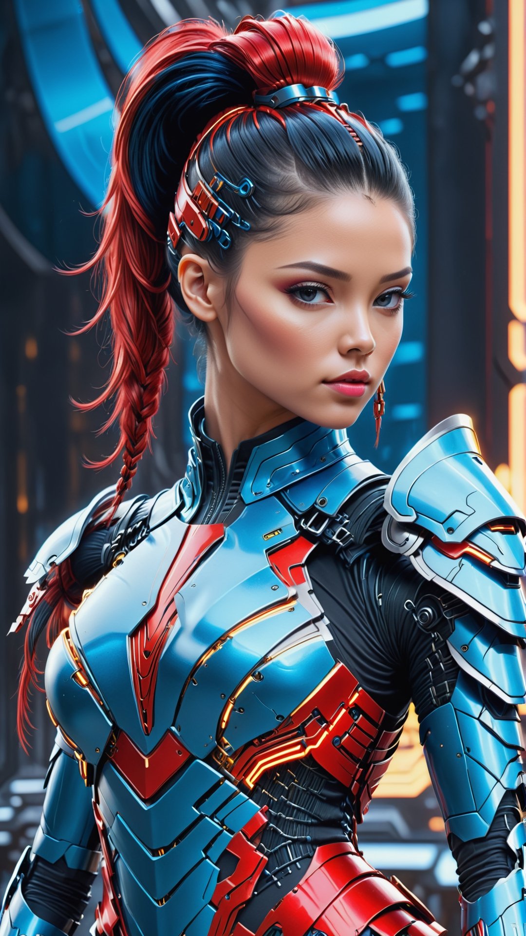 (Women wearing red
Neon Blue armour dress), ( Ponytail hair style, black-hair) , (sci-fi background),Leonardo Style, illustration,vector art,DonMPl4sm4T3chXL ,cyborg style