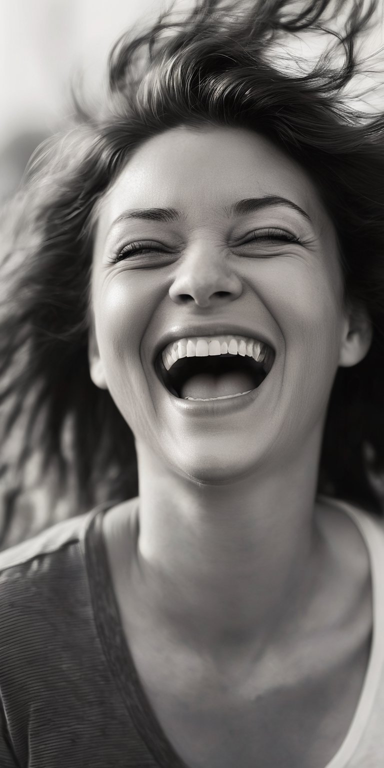 A black and white close-up portrait of a woman with windblown hair and laugh lines etched around her eyes. Her expression is one of pure joy, her mouth open in a wide laugh. The background is blurred, creating a sense of movement.
 
