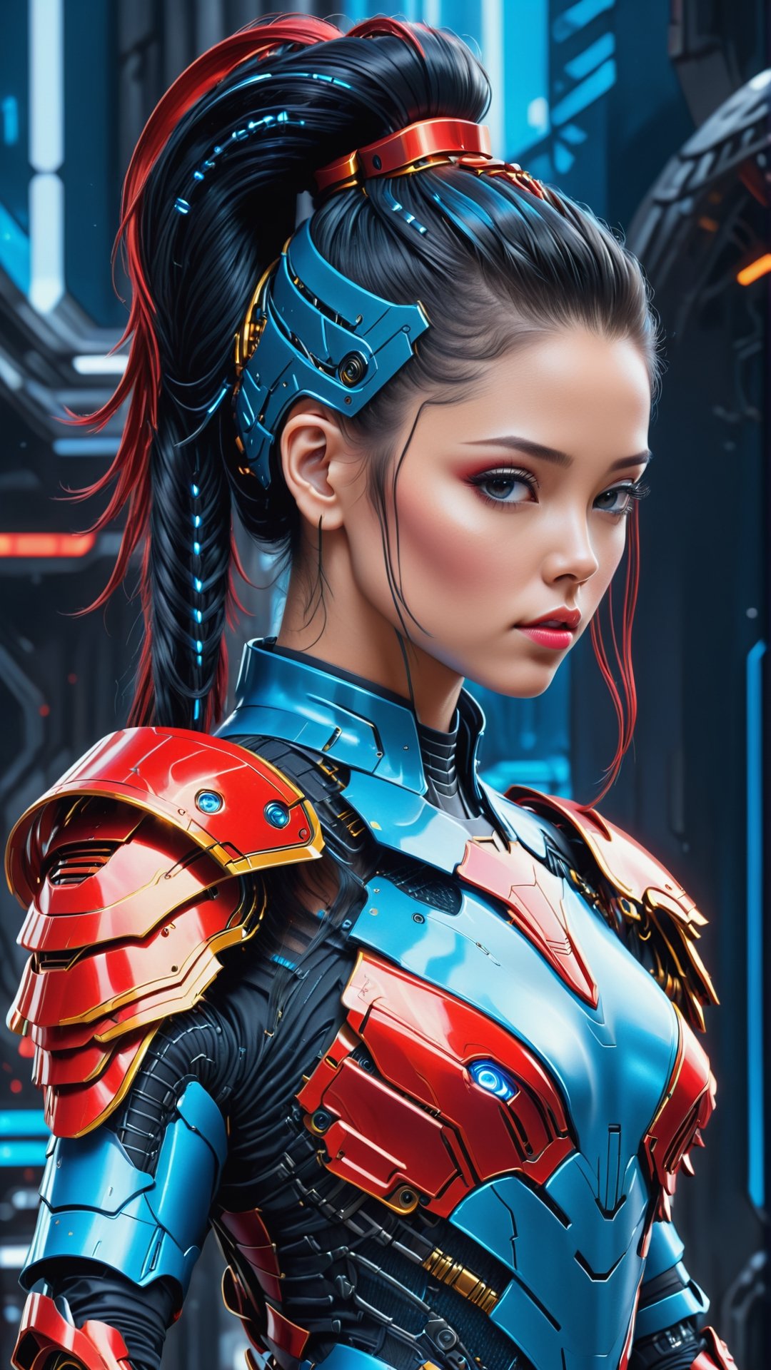 (Women wearing red
Neon Blue armour dress), ( Ponytail hair style, black-hair) , (sci-fi background),Leonardo Style, illustration,vector art,DonMPl4sm4T3chXL ,cyborg style