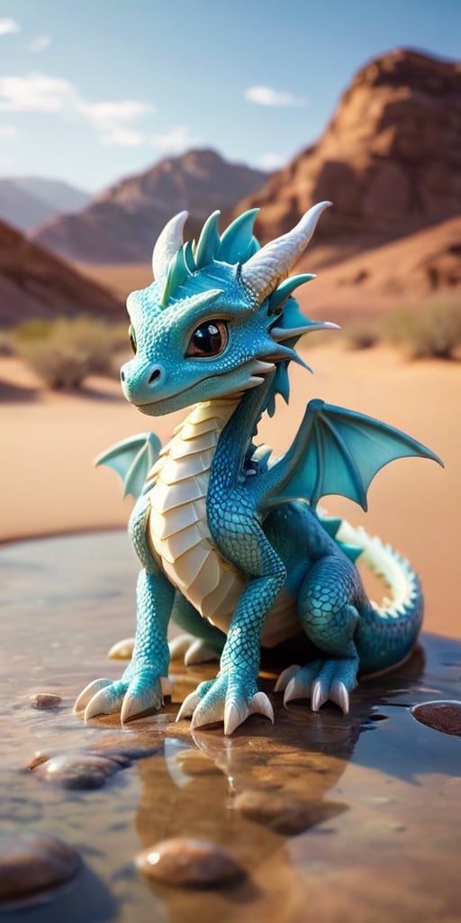 Within a tranquil oasis in the heart of a desert, a baby dragon with shimmering white scales basks in the cool, refreshing waters. Its wings, adorned with delicate patterns that shimmer like desert mirages, create a mesmerizing display of light and shadow as they gently fan the air. The dragon's presence seems to bring life to the barren landscape, as tiny sprouts emerge from the parched earth, symbolizing its connection to the rejuvenating power of water and the resilience of nature.
