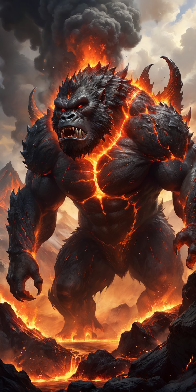 Infernal Behemoth A hulking creature with the body of a gorilla and the head of a dragon, with flames flickering from its nostrils and mouth. Its skin is charred and cracked, revealing molten lava beneath. Its massive hands end in claws that can crush rock. The scene is set in a volcanic landscape, with rivers of lava and erupting geysers.
