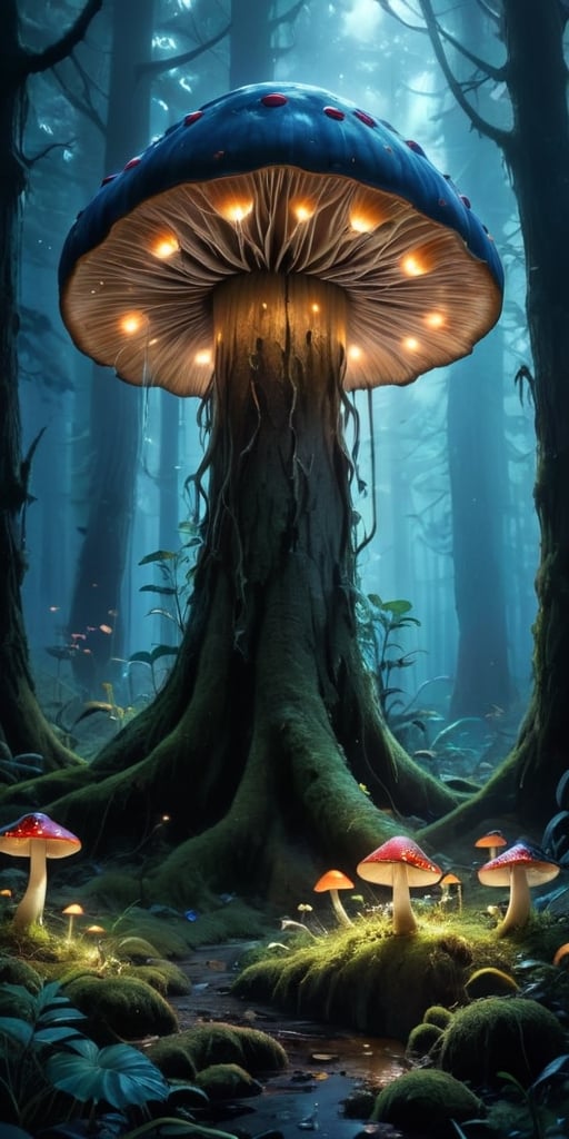  A dense, primeval forest bathed in the otherworldly light of a bioluminescent mushroom grove. The air hums with a strange energy, and the ground is carpeted with vibrant fungi of all shapes and sizes.A colossal, lumbering creature resembling a monstrous mushroom, its cap dotted with glowing spores. Glowing tendrils sprout from its body, reaching out to snare unsuspecting prey. A single, petrified animal lies at the monster's feet, its form frozen in a silent scream.,monster