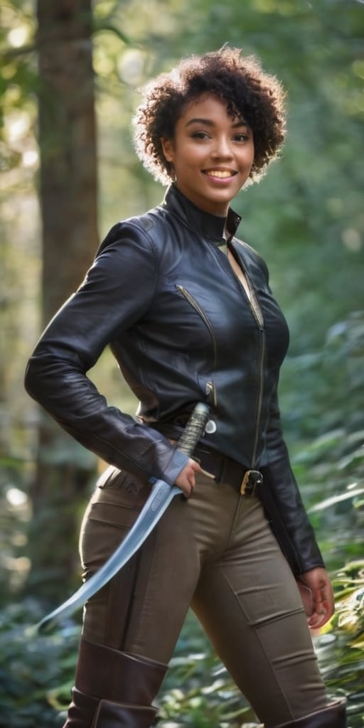 young Black woman with short, curly hair and a warm smile, dressed in a practical leather jerkin and breeches. She confidently strides through a lush forest, her hand resting on the hilt of a sword strapped to her hip. Sunlight filters through the leaves, casting dappled light on her path.
