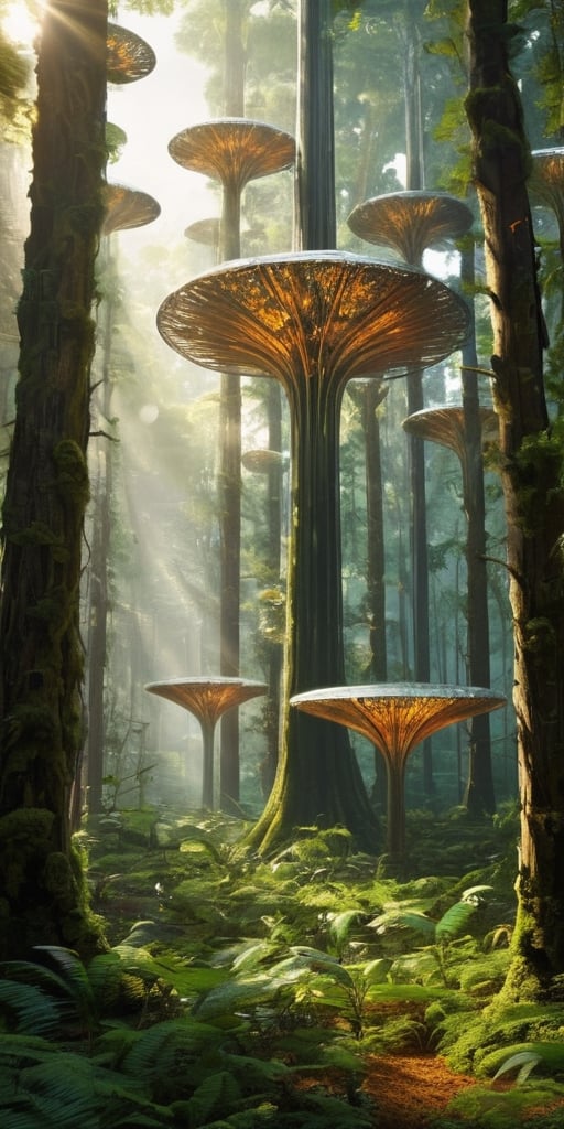 The Nanotech Forest A forest where every tree is a towering structure of nanotechnology, constantly growing and adapting to its surroundings. Nanobots swarm through the air, repairing and maintaining the forest, while larger nanotech creatures move through the underbrush, their forms shifting and changing as they hunt for energy sources.
