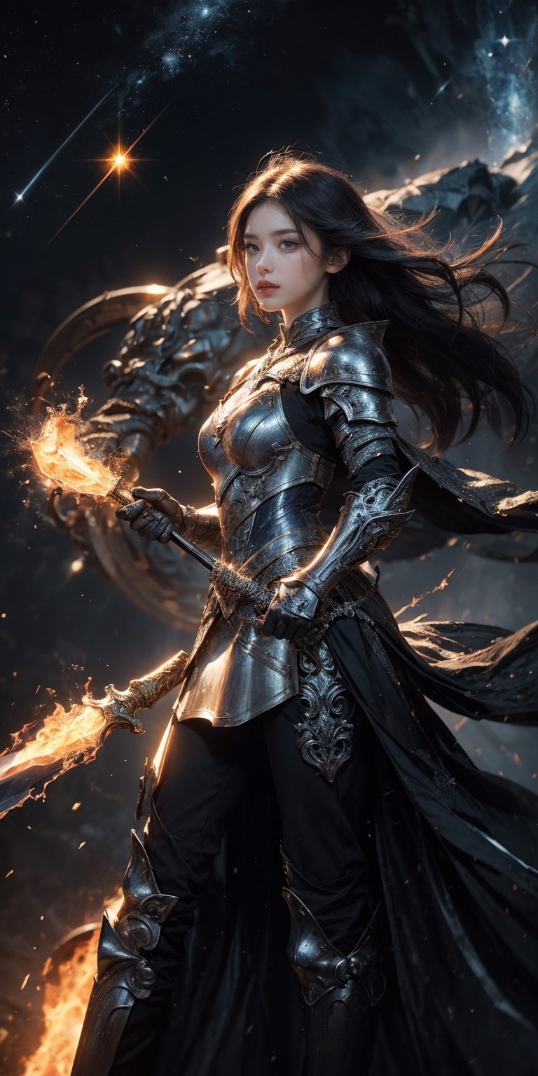 Celestial warrior A fierce and determined woman, clad in armor made of stardust and meteoric iron, wielding a sword forged in the heart of a supernova, ready to defend the cosmos.
