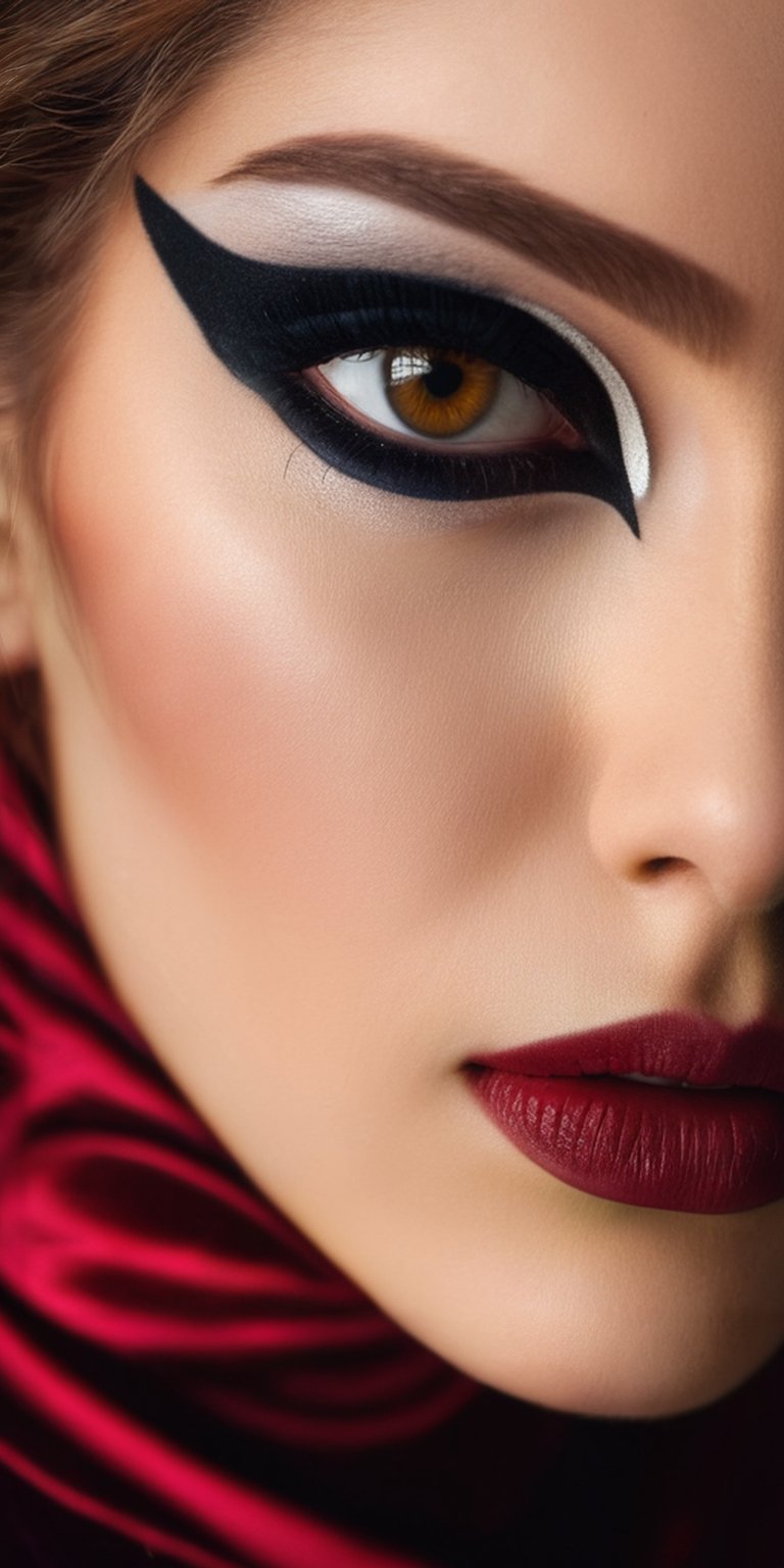 A close-up portrait of a woman with dramatic, theatrical makeup. Her eyes are bold and expressive, framed by thick lashes and dark eyeshadow. The background is a deep red velvet curtain.
