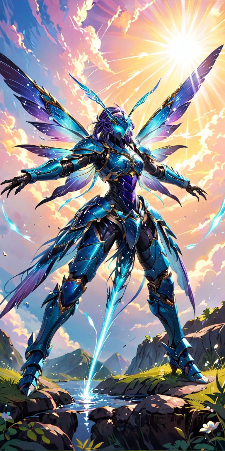 A creature with a metallic exoskeleton that resembles a suit of armor. It has wings that shimmer like a dragonfly's and can propel itself through the air with incredible speed, striking its prey with deadly precision.
