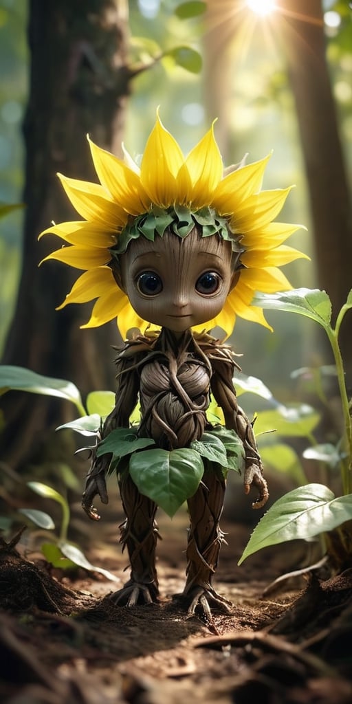 A baby treant sapling, no bigger than a sunflower, with leaves sprouting from its head and roots like tiny toes. Sunlight streams through the leaves, casting intricate shadows on the forest floor.
