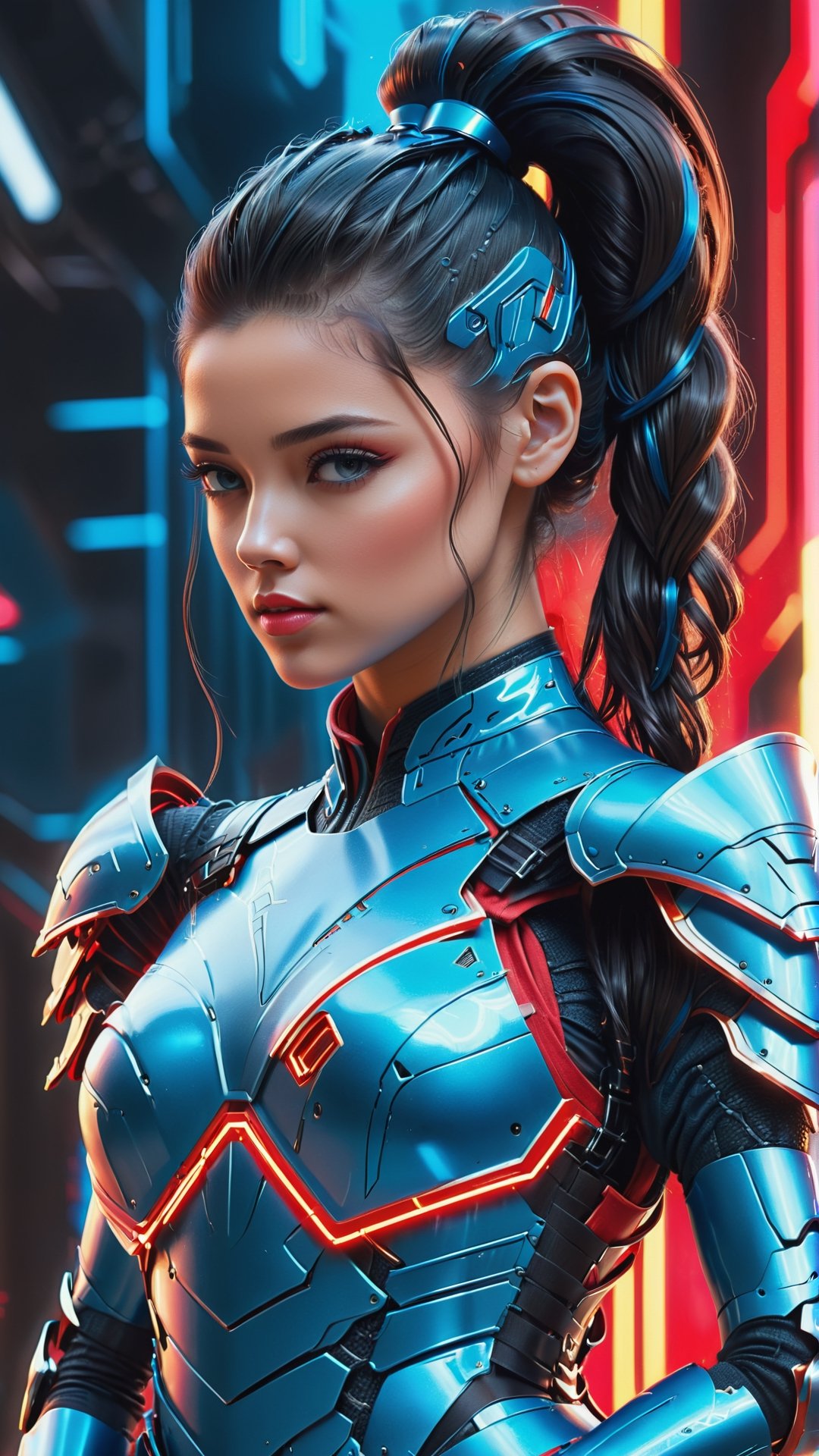 (Women wearing red
Neon Blue armour dress), ( Ponytail hair style, black-hair) , (sci-fi background),Leonardo Style, illustration,vector art,DonMPl4sm4T3chXL 