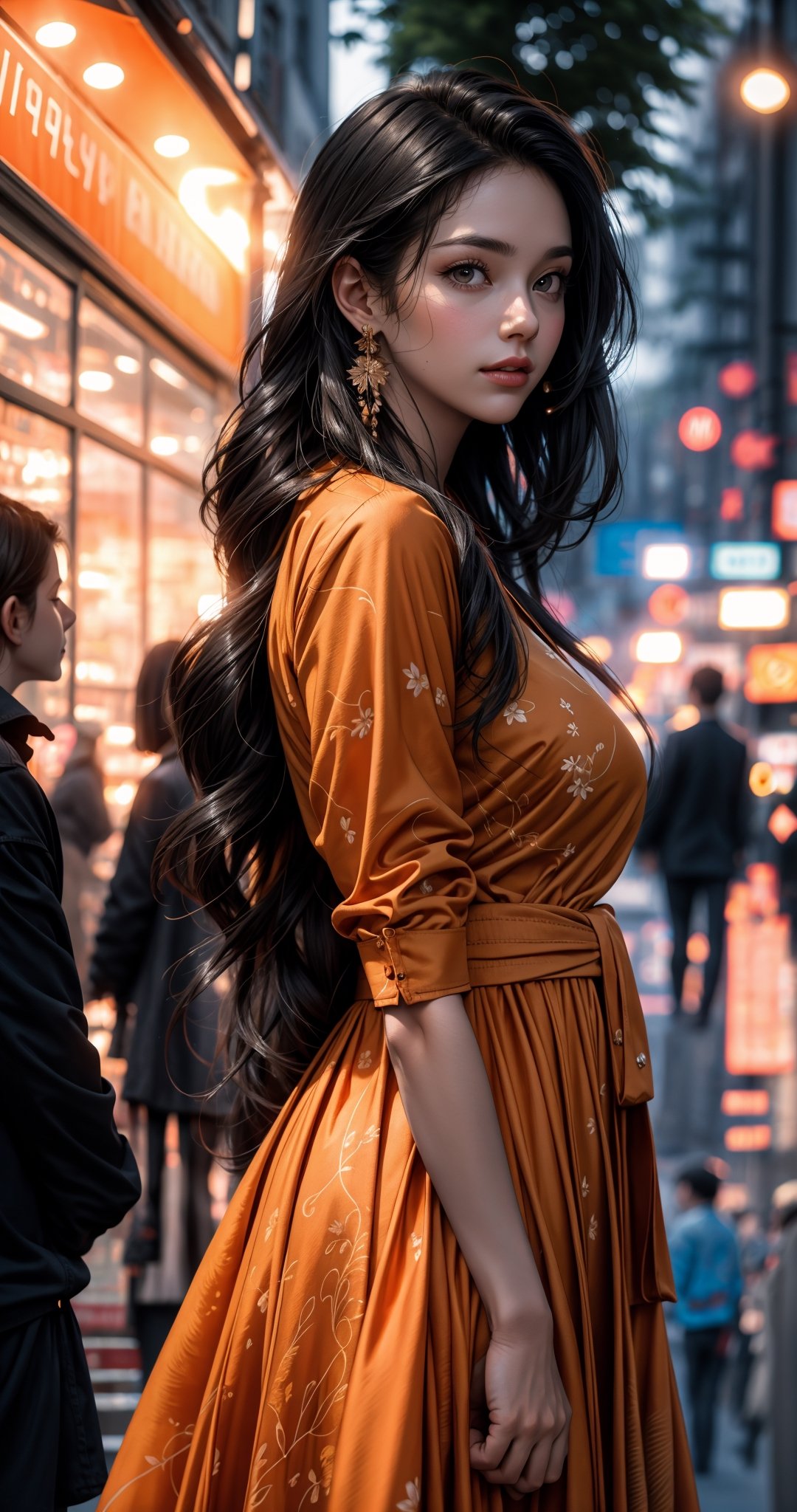 masterpiece,{{{best quality}}},((illustration)),{{{extremely detailed CG unity 8k ,Brilliant light,cinematic lighting,long_focus, Women, cut face (gigantic_breasts)High detailed, longhair, tree in 
blur background , long hair, black hair ,looking_at_viewer, midnight ,midjourney,blurry_light_background, orange dress 